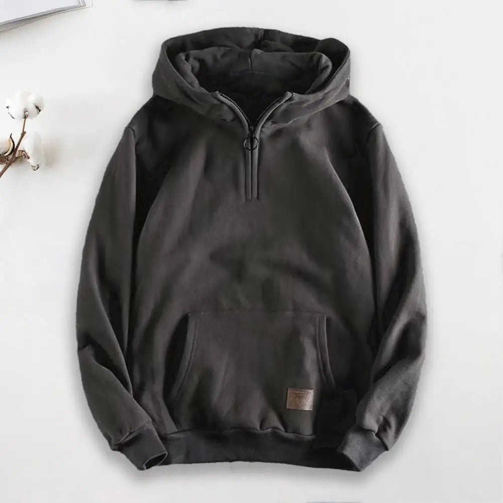 Back view of a comfortable men's quarter-zip hoodie, relaxed fit, great for casual & everyday wear.