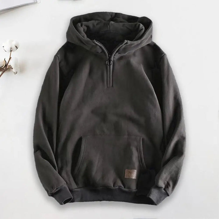 Back view of a comfortable men's quarter-zip hoodie, relaxed fit, great for casual & everyday wear.