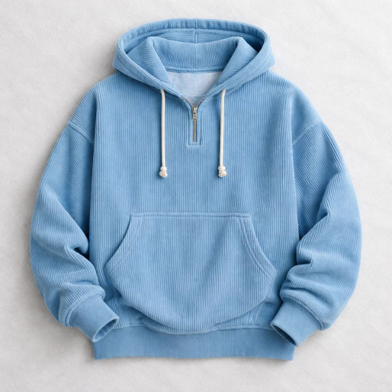 Men's cozy quarter zip pullover hoodie in a relaxed fit, perfect for casual fall & winter loungewear.