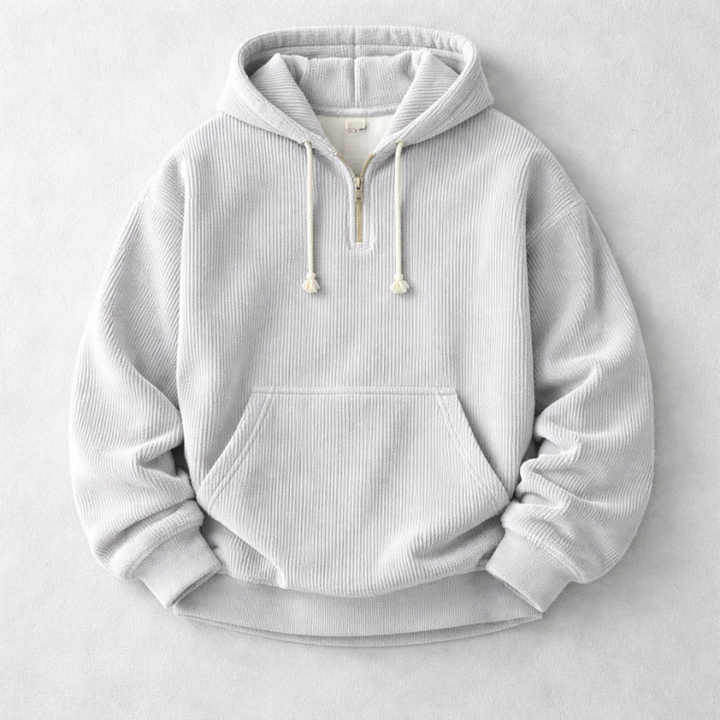Relaxed fit men's quarter zip hoodie. A versatile pullover for fall fashion, casual wear & comfort.