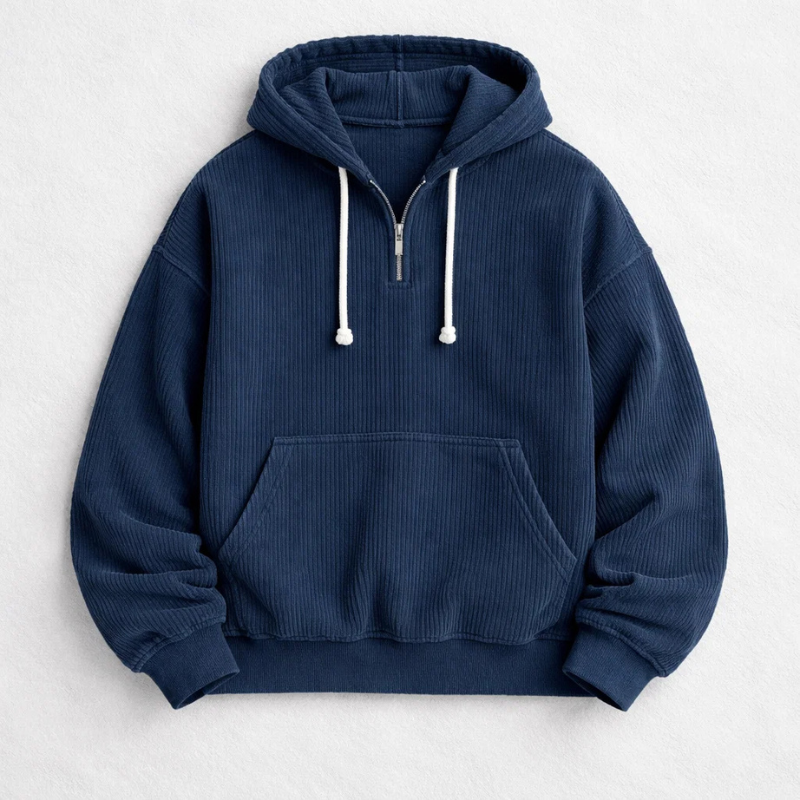 Stylish men's long sleeve pullover hoodie with a quarter zip. Cozy & comfortable for everyday wear.