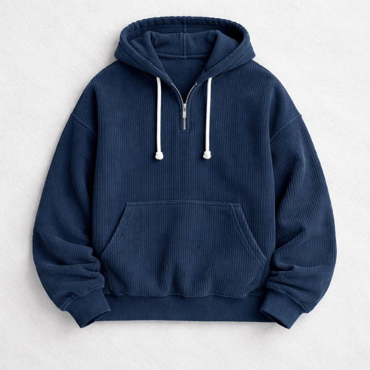 Stylish men's long sleeve pullover hoodie with a quarter zip. Cozy & comfortable for everyday wear.