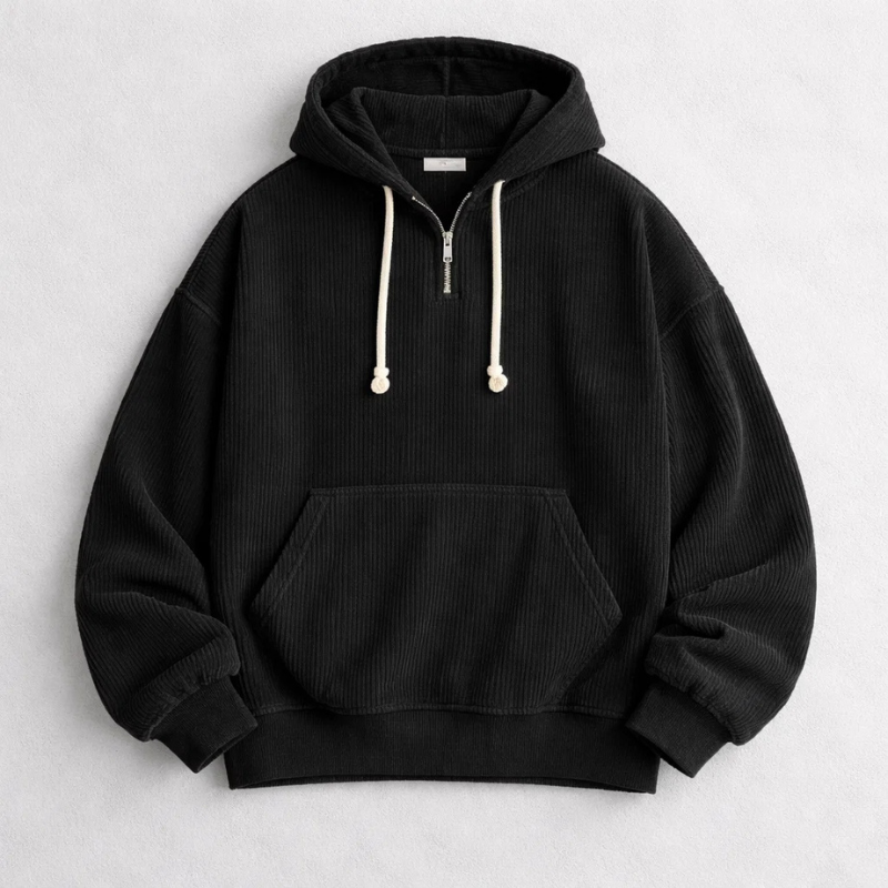 Casual men's quarter zip pullover hoodie, featuring a relaxed fit & long sleeves for ultimate comfort.