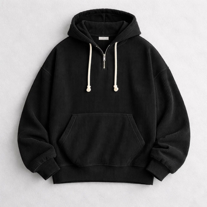 Casual men's quarter zip pullover hoodie, featuring a relaxed fit & long sleeves for ultimate comfort.