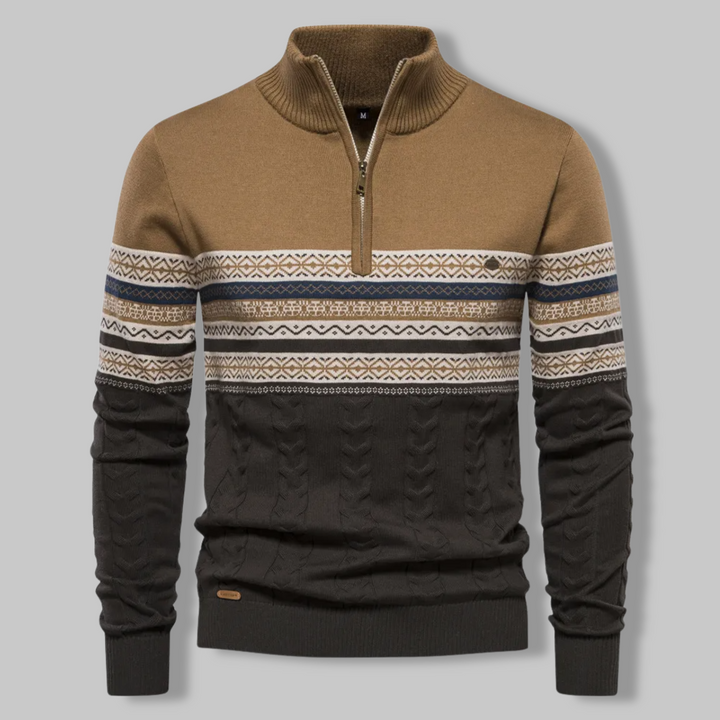 Stylish men's quarter zip pullover, an essential cozy top for fall trends and elegant alpine casual wear.