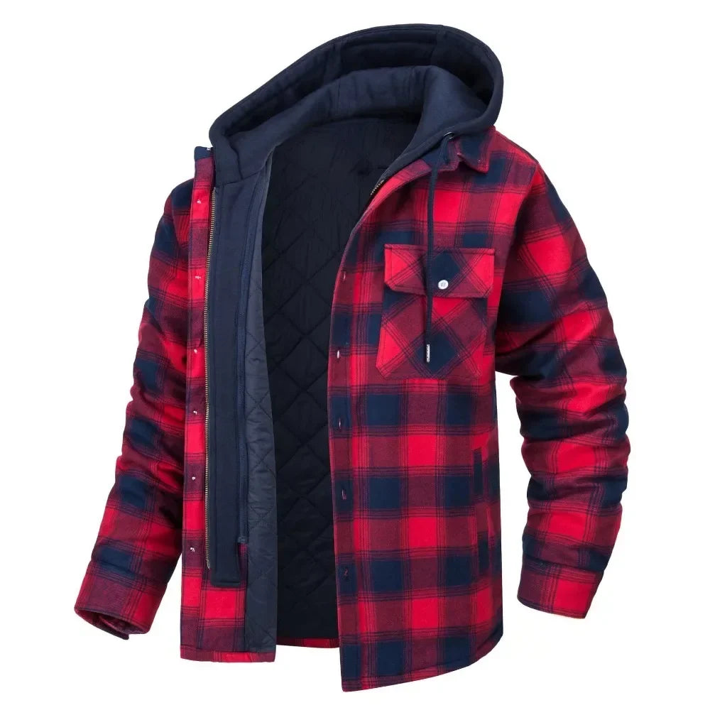 Men's cozy red plaid hooded jacket, perfect for fall and winter. Stylish button-up quilted outerwear.