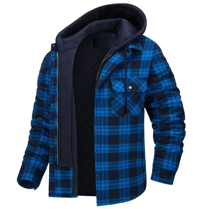 Warm men's plaid hooded jacket with button-up front. Quilted lining for fall & winter casual wear.