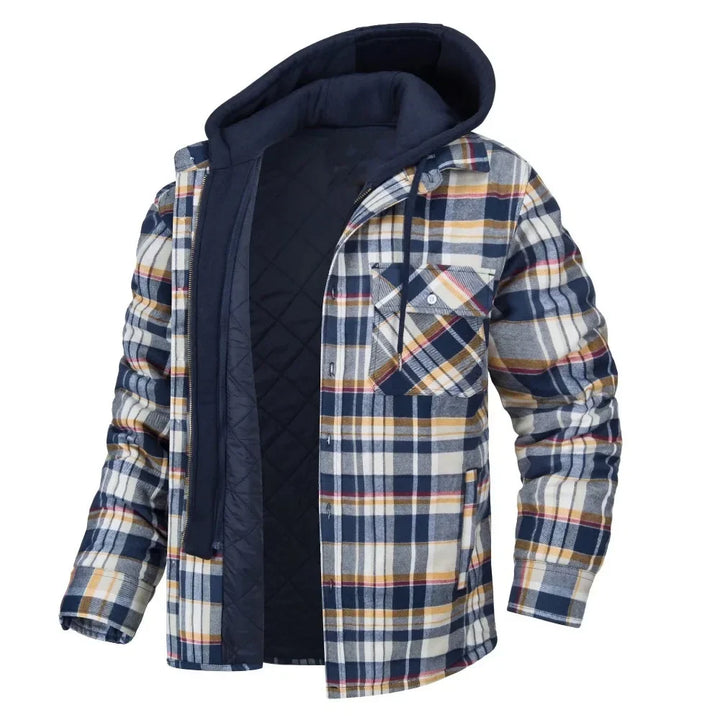 Stylish men's plaid hooded jacket, ideal casual fall fashion or cozy winter coat. Button-up quilted design.