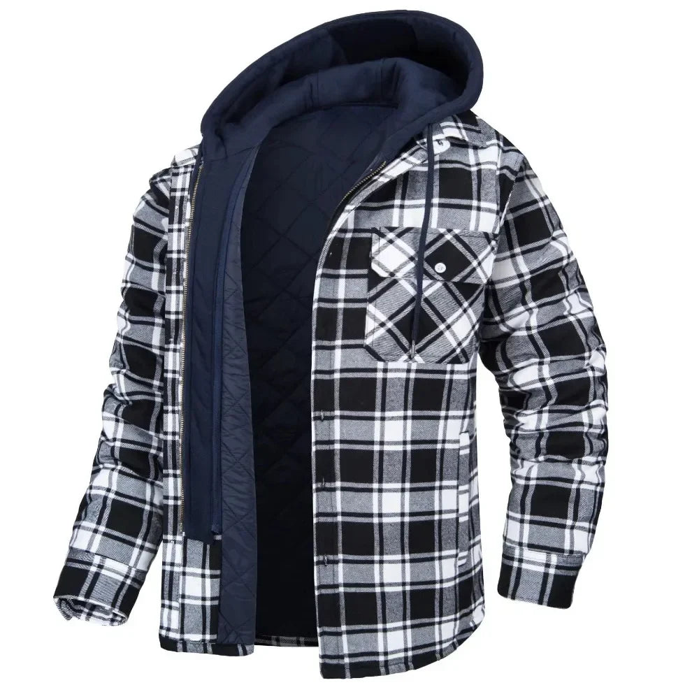 Quilted men's plaid jacket with a cozy hood, perfect as fall outerwear or a warm winter coat. Button front.