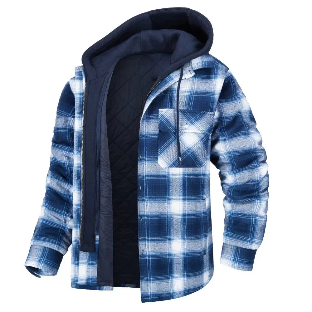 Cozy men's hooded plaid jacket, suitable for casual wear. Quilted button-up design, great fall/winter outerwear.