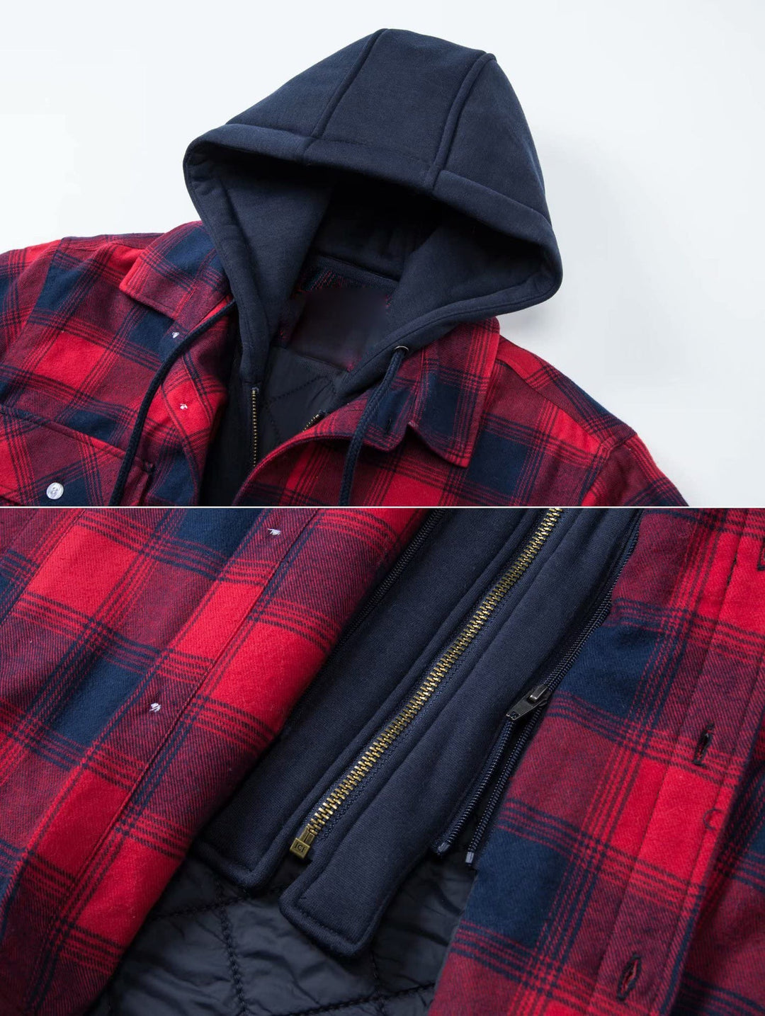 Men's classic plaid hooded jacket with buttons. Quilted cozy outerwear for stylish fall and winter fashion.