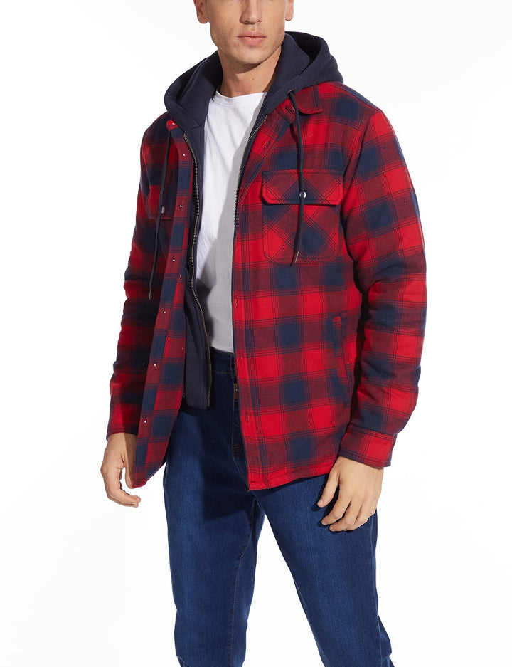 Warm men's fall fashion plaid jacket. Cozy hooded, quilted, button-up design makes it an ideal winter coat.