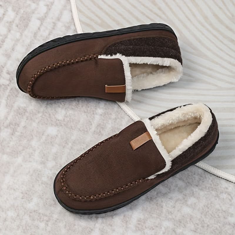 Men's warm fall footwear, brown slip-on house shoes designed for ultimate indoor coziness and comfort.