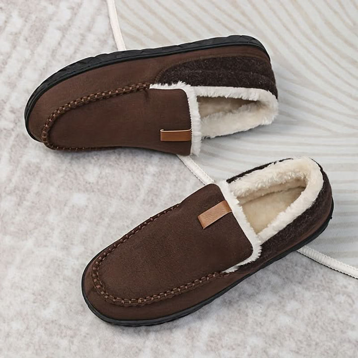 Men's warm fall footwear, brown slip-on house shoes designed for ultimate indoor coziness and comfort.