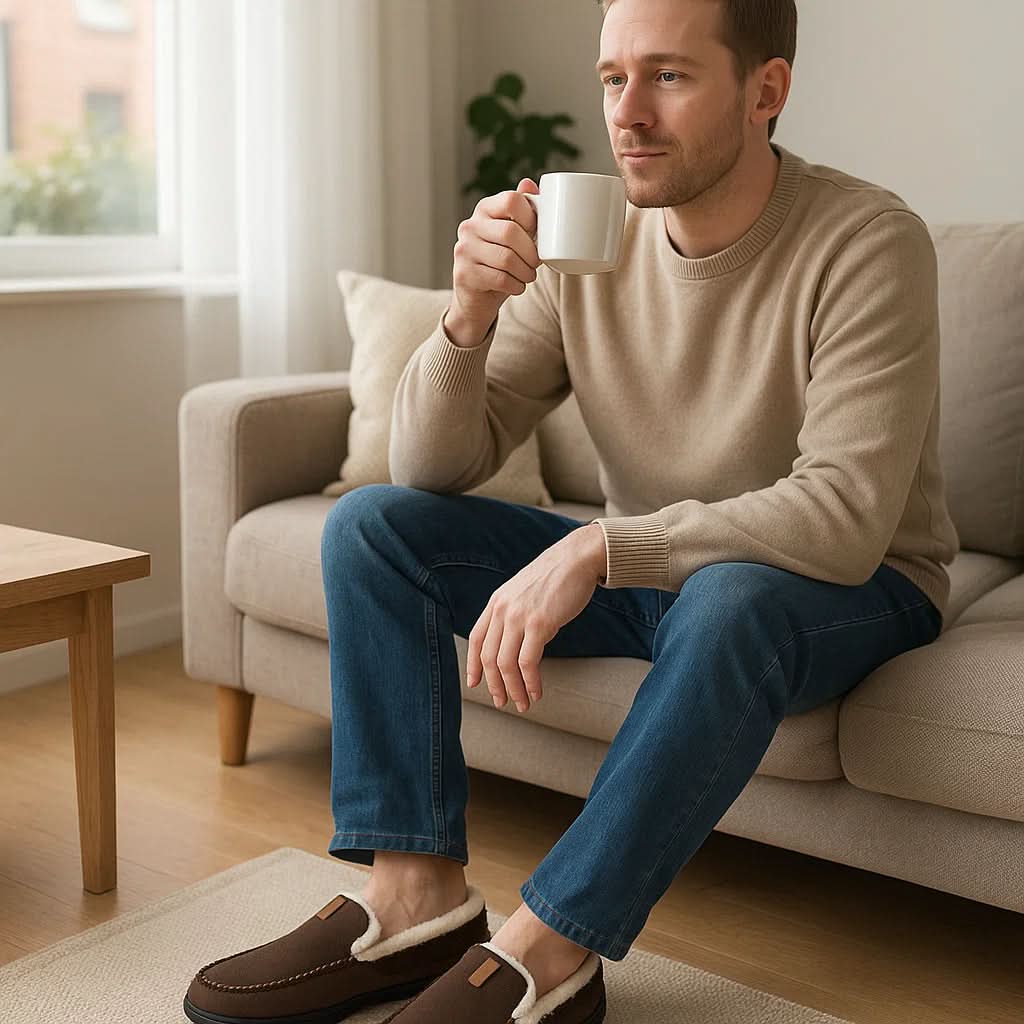 Grey men's slip-on house shoes, ideal for supreme indoor comfort, warm winter lounging, and home wear.