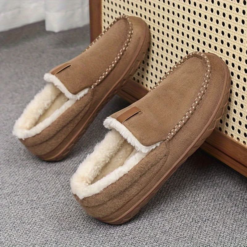 Warm men's indoor slippers, comfortable slip-on style for supreme relaxation at home and winter comfort.