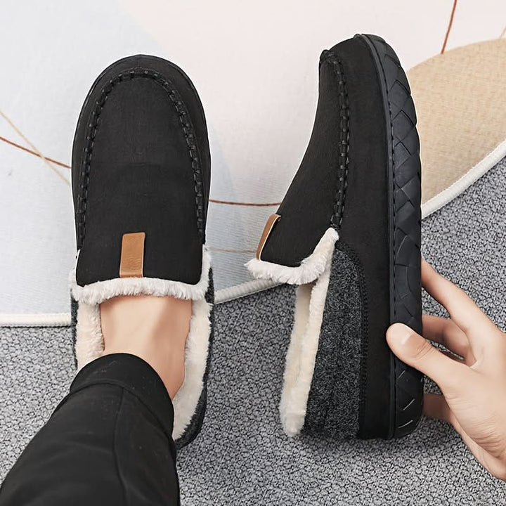 Soft men's house shoes, slip-on comfort for cold winter days, cozy home wear, and comfortable footwear.