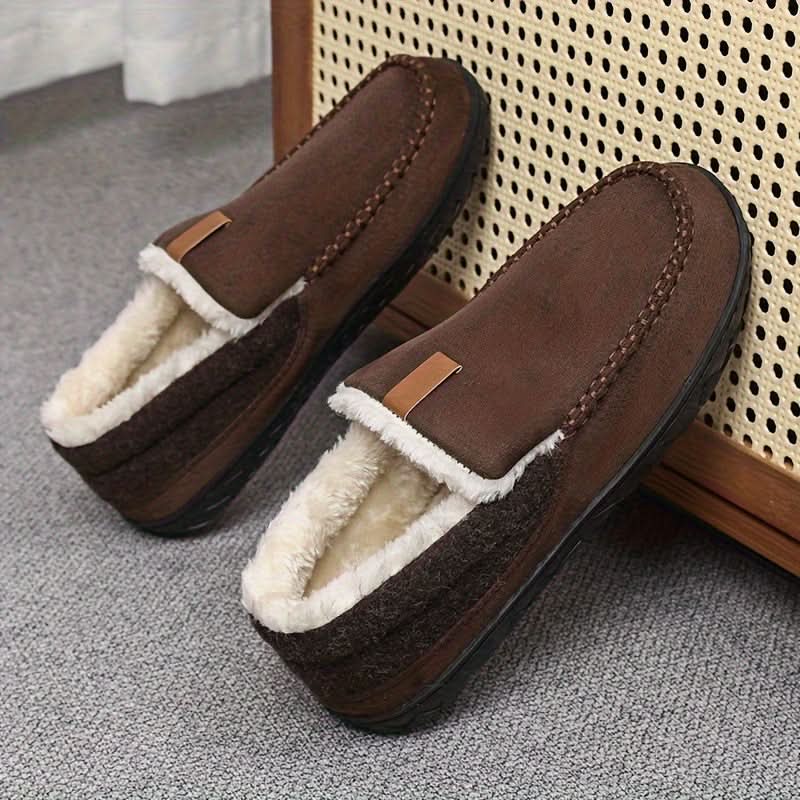Close-up of the plush lining inside men's cozy slip-on house shoes, designed for ultimate indoor comfort.
