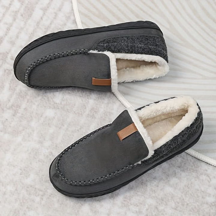 Front view of men's cozy slip-on house shoes, a perfect blend of style and comfort for any home setting.
