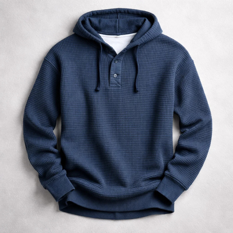Men's cozy waffle knit pullover hoodie. Ideal for casual wear, comfort & everyday style.