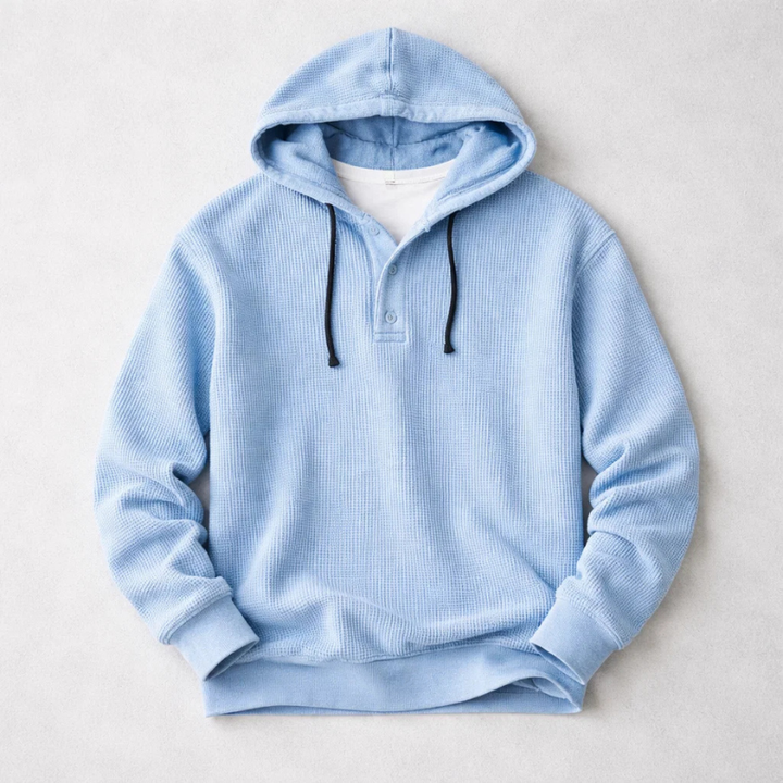 Stylish men's waffle knit hoodie. Soft, cozy, and perfect for casual everyday wear. Tailored fit.