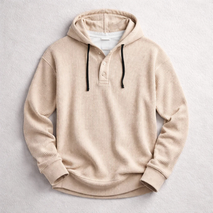 Men's henley style waffle knit hoodie. Pullover comfort & everyday style for versatile layering.