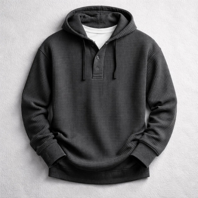 Warm men's waffle knit hoodie. A cozy pullover with a tailored fit for everyday casual comfort.