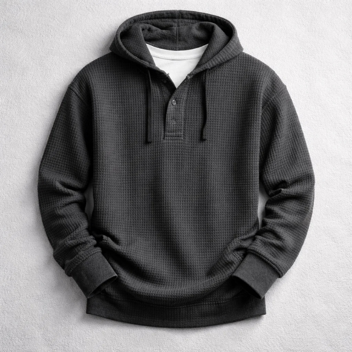 Warm men's waffle knit hoodie. A cozy pullover with a tailored fit for everyday casual comfort.