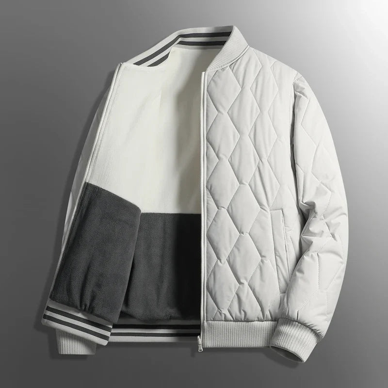Close-up of men's warm winter jacket, highlighting the comfortable ribbed collar and soft fabric. Ideal cold weather coat.