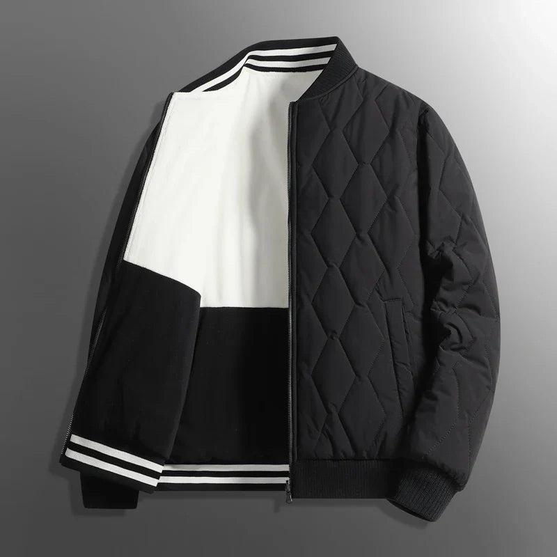 Stylish men's winter jacket worn for ultimate warmth and comfort in cold weather. Features a cozy ribbed collar.
