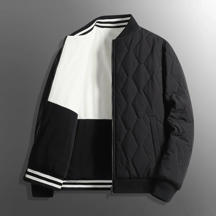 Stylish men's winter jacket worn for ultimate warmth and comfort in cold weather. Features a cozy ribbed collar.