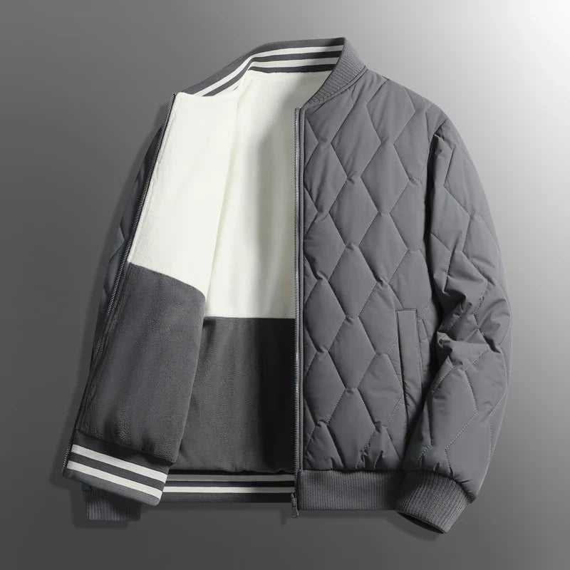 Back view of a warm men's winter coat, ideal for cold weather. Features a cozy design and ribbed collar for ultimate comfort.