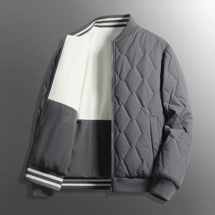 Back view of a warm men's winter coat, ideal for cold weather. Features a cozy design and ribbed collar for ultimate comfort.