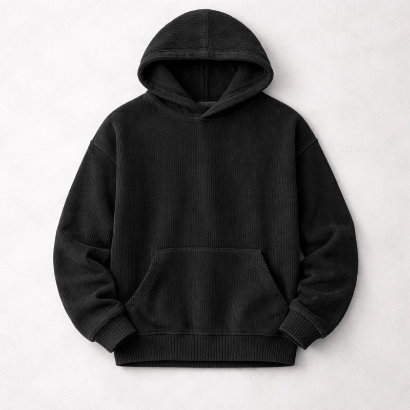 Man wearing a relaxed fit men's cozy winter pullover hoodie, showcasing its comfort and casual everyday style.