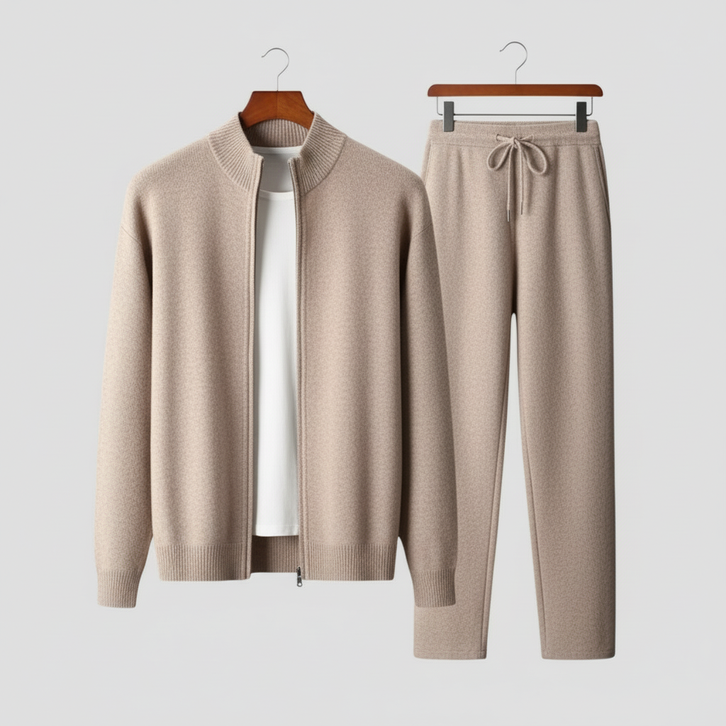 Men's cozy zip-up lounge set with drawstring pants, perfect for ultimate comfort.