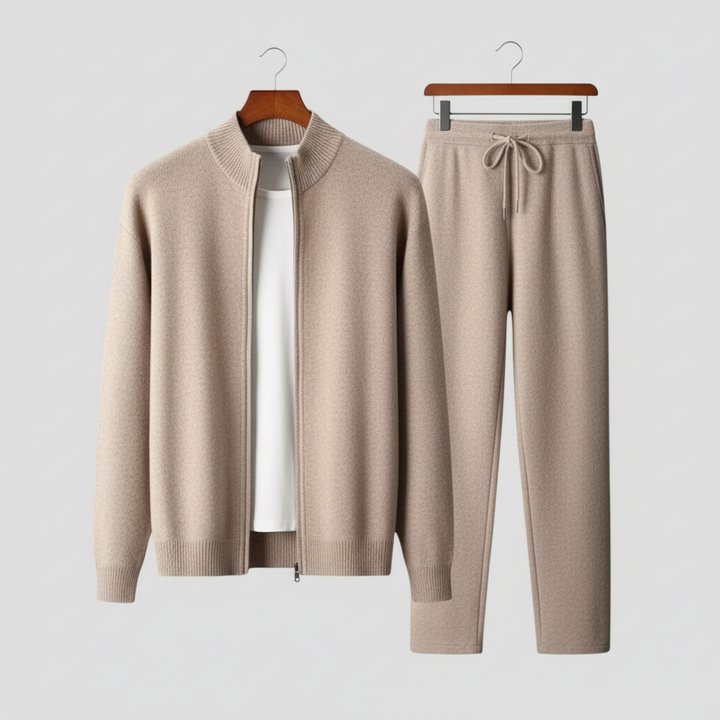 Men's cozy zip-up lounge set with drawstring pants, perfect for ultimate comfort.