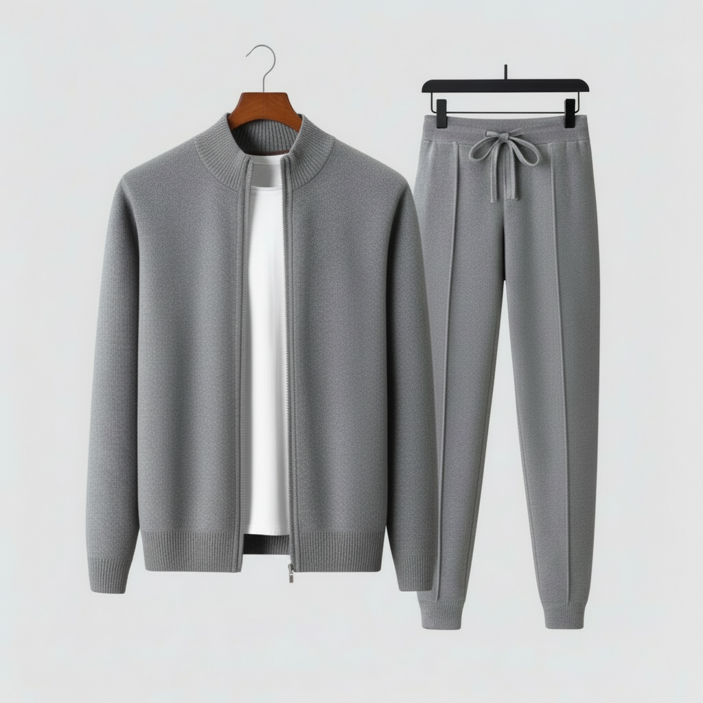 Complete men's cozy matching 2-piece lounge set featuring a zip-up top and drawstring pants.