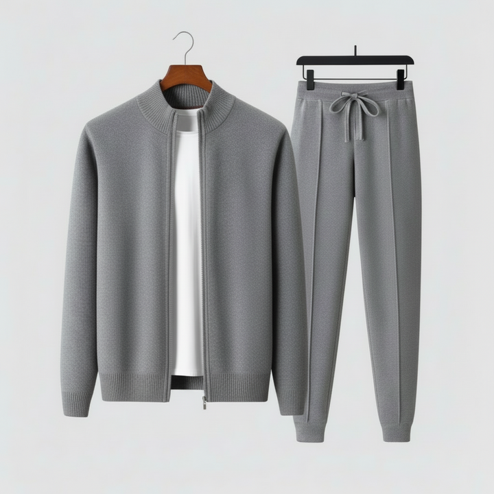 Complete men's cozy matching 2-piece lounge set featuring a zip-up top and drawstring pants.