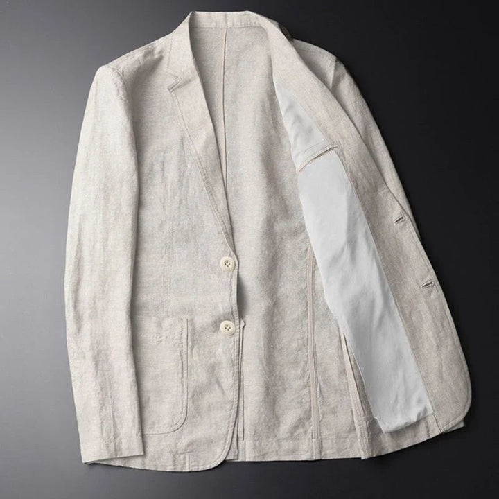 Stylish men's cream blazer, a modern fit casual jacket for smart-casual events. Breathable and comfortable men's fashion.