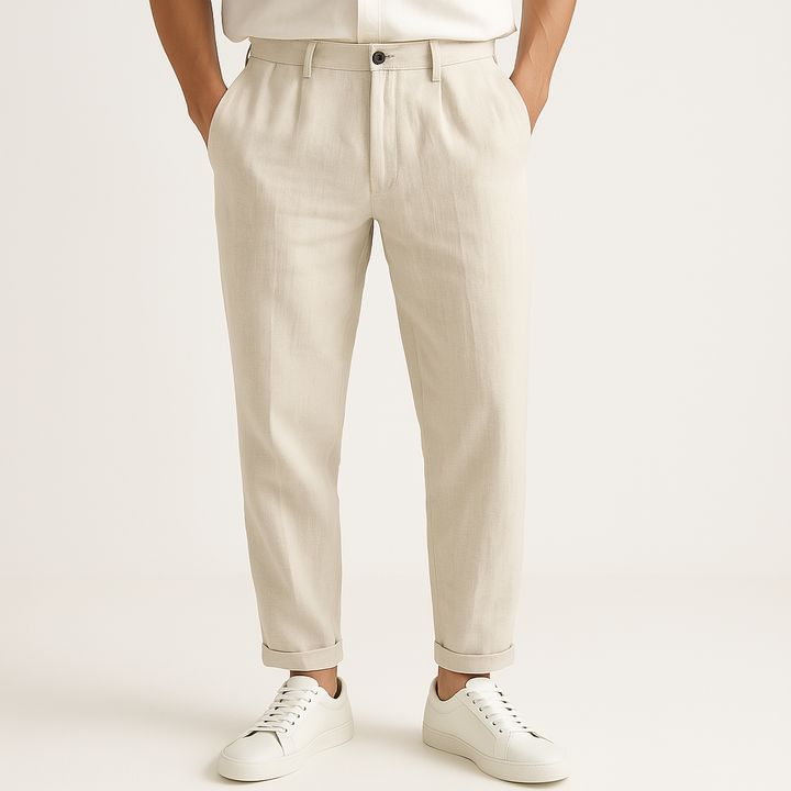 Men's cream straight-fit pants for warm weather; comfortable & versatile summer style.