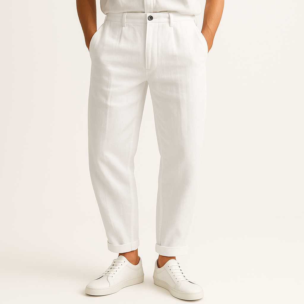 Casual men's green straight-fit pants, perfect for comfortable summer wear & everyday fashion.