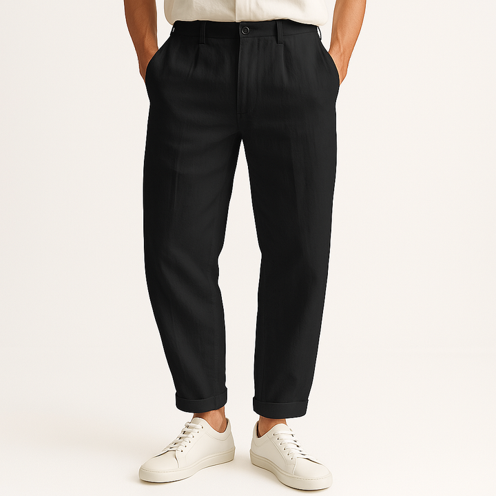 Comfortable men's white straight-fit pants for warm weather; breathable & casual summer fashion.