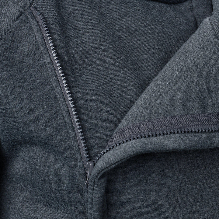 Modern urban men's crossover zip hoodie, offering an athletic slim-fit for casual wear.