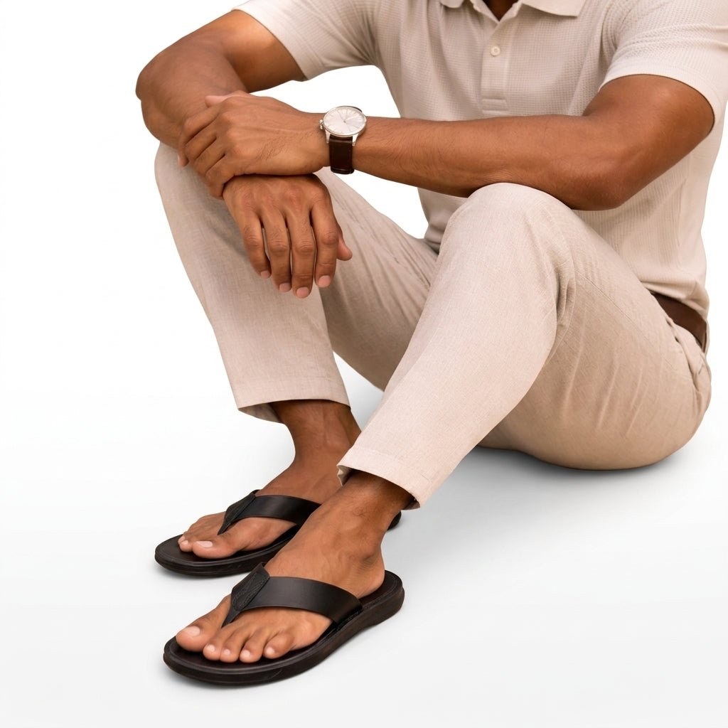 Stylish men's slip-on sandals with cushioned sole & secure toe post, perfect for beach or outdoor comfort.