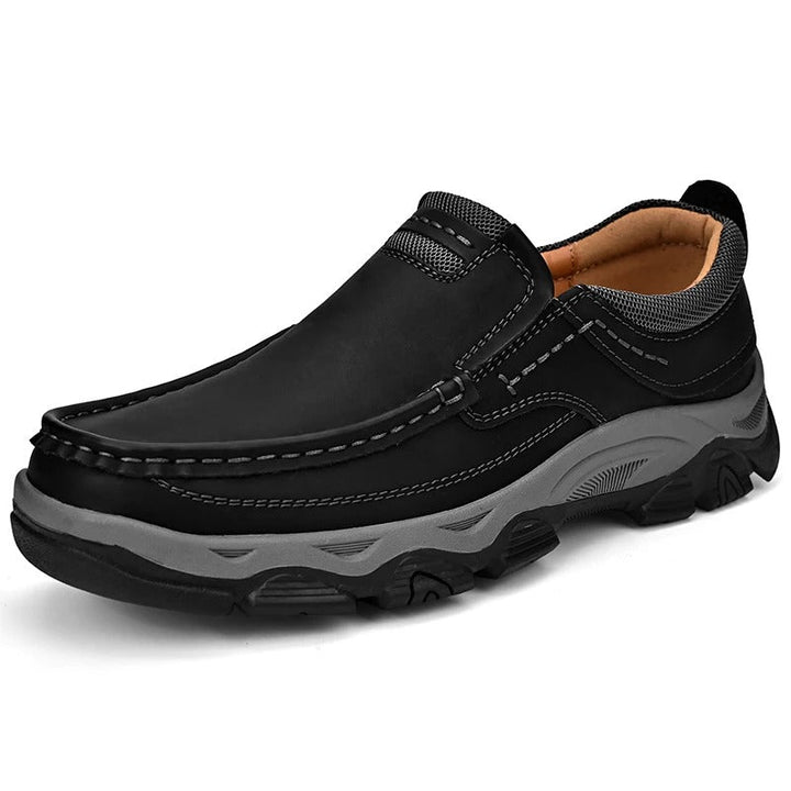 Full product shot: Men's Dakota brown slip-on loafers, comfortable & durable casual shoes.