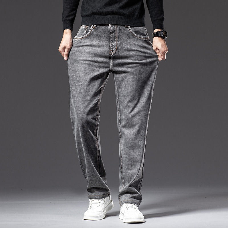 Stylish men's black stretch jeans, comfortable cotton blend for everyday wear.