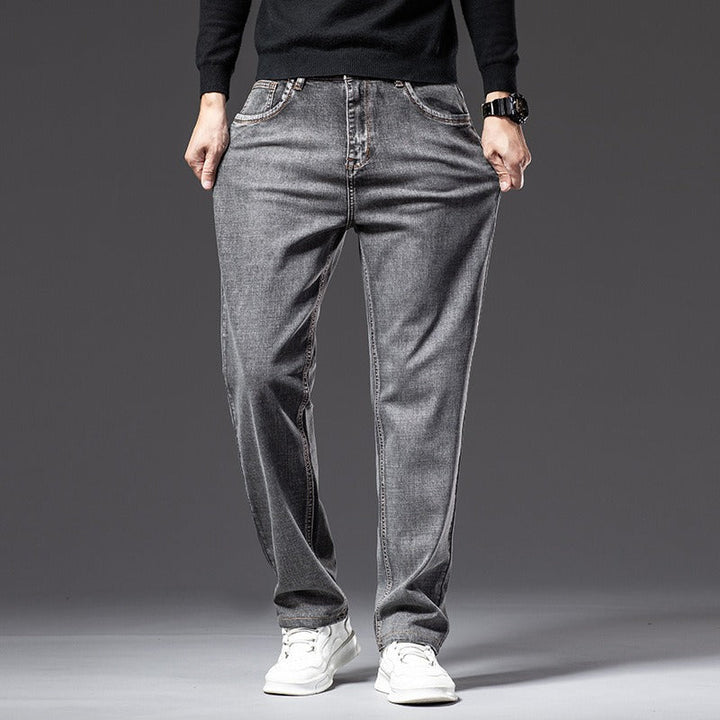 Stylish men's black stretch jeans, comfortable cotton blend for everyday wear.