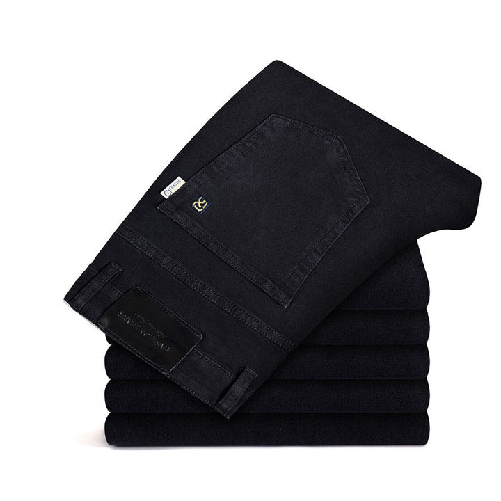 Black stretch denim jeans for men, ideal casual pants with a comfortable fit.