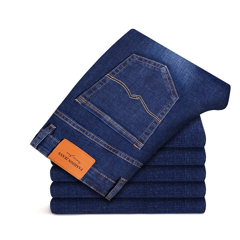 Relaxed fit men's blue jeans, made with comfortable stretch denim.