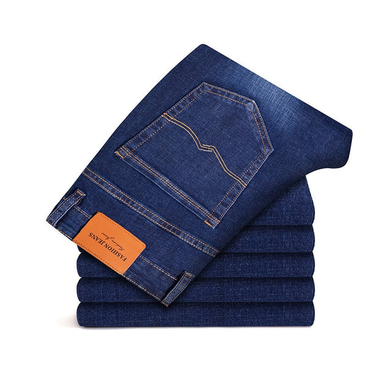 Relaxed fit men's blue jeans, made with comfortable stretch denim.
